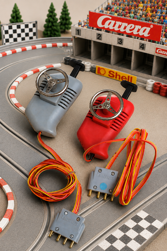 2 Stück Carrera Servo Handregler Art.-Nr. 53708 – Vintage Fahrregler mit Lenkrad und originalem Carrera-Anschlussstecker, Farbe Grau-Rot, gebrauchter Zustand