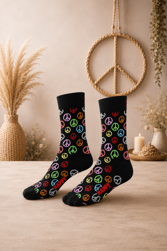 Happy Socks Unisex Socken schwarz mit bunten Peace-Zeichen Motiv, Größe 41–46
