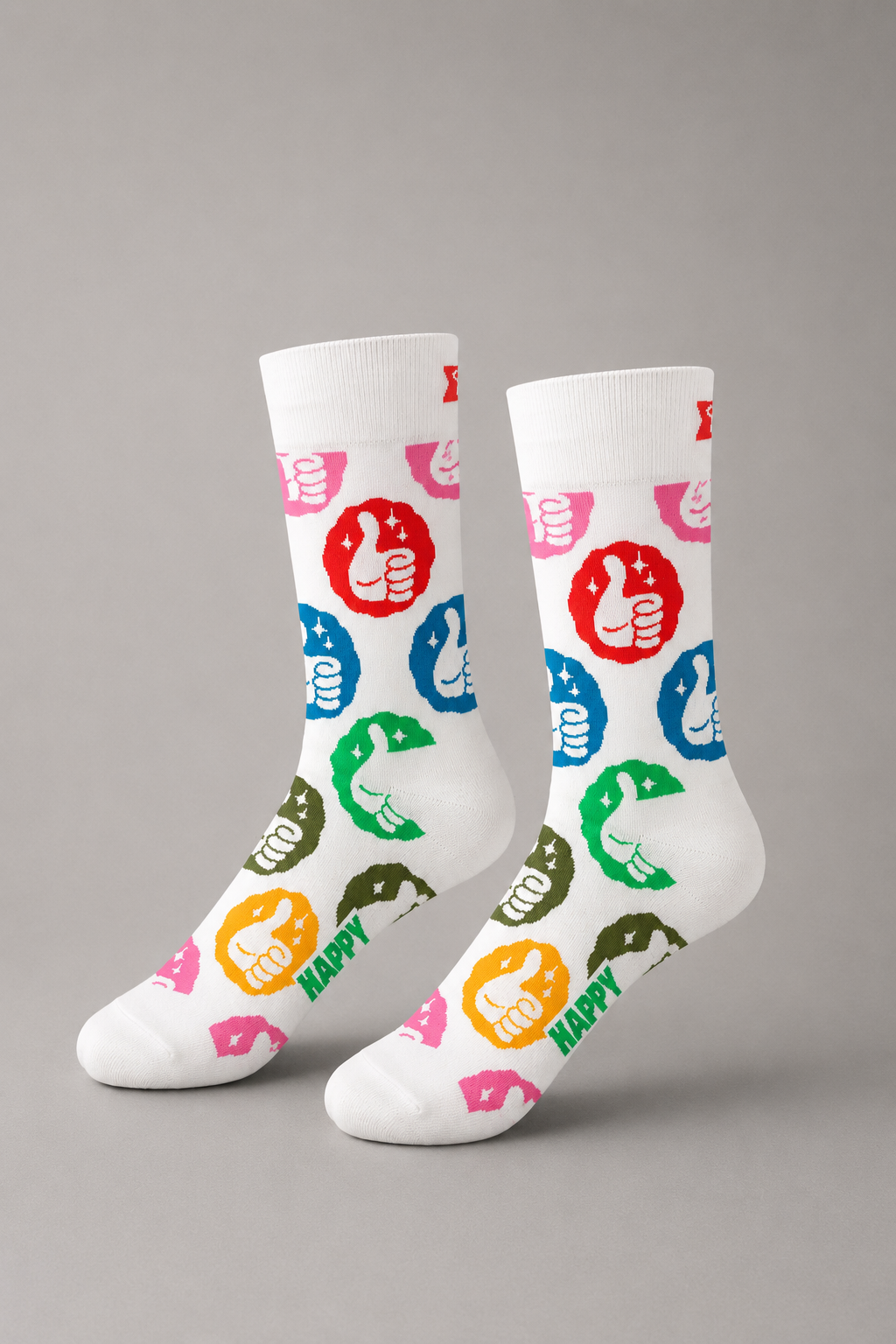 Happy Socks Unisex Socken weiß mit bunten Daumen-hoch-Motiven, Größe 41–46