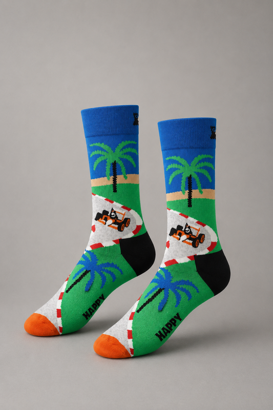 Happy Socks Unisex Socken mit Formel-1-Rennwagen und Palmen-Motiv, Größe 41–46