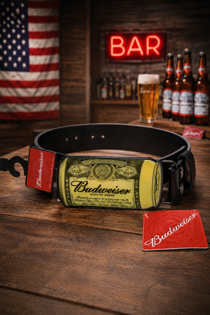 Budweiser Gürtel Schwarz mit Bierdosen-Schnalle - Größe L - ca. 116,5 cm Unisex NEU