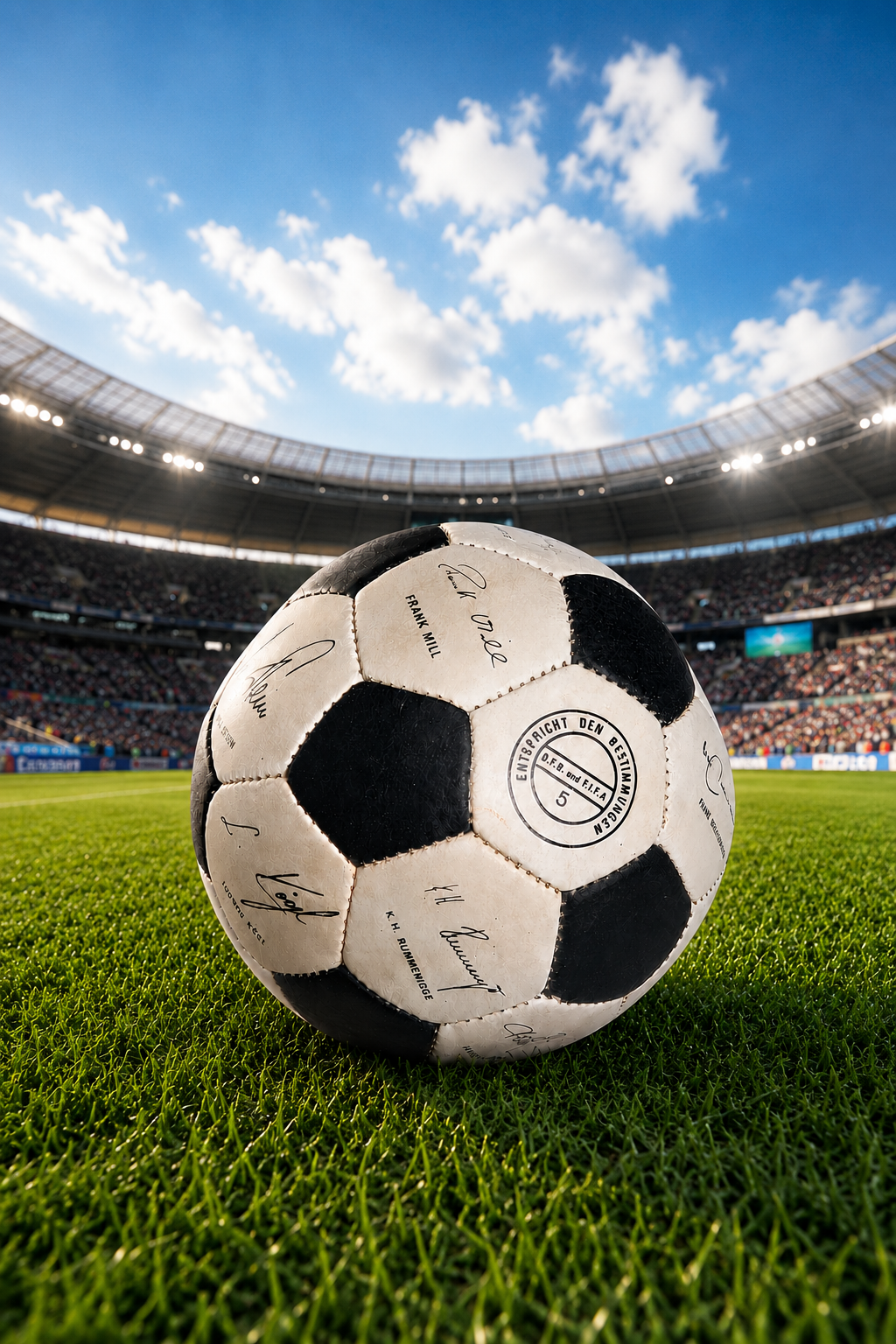 Vintage DFB Fußball aus Echtleder – WM Mexiko 1986 mit gedruckten Faksimile-Autogrammen der deutschen Nationalmannschaft

