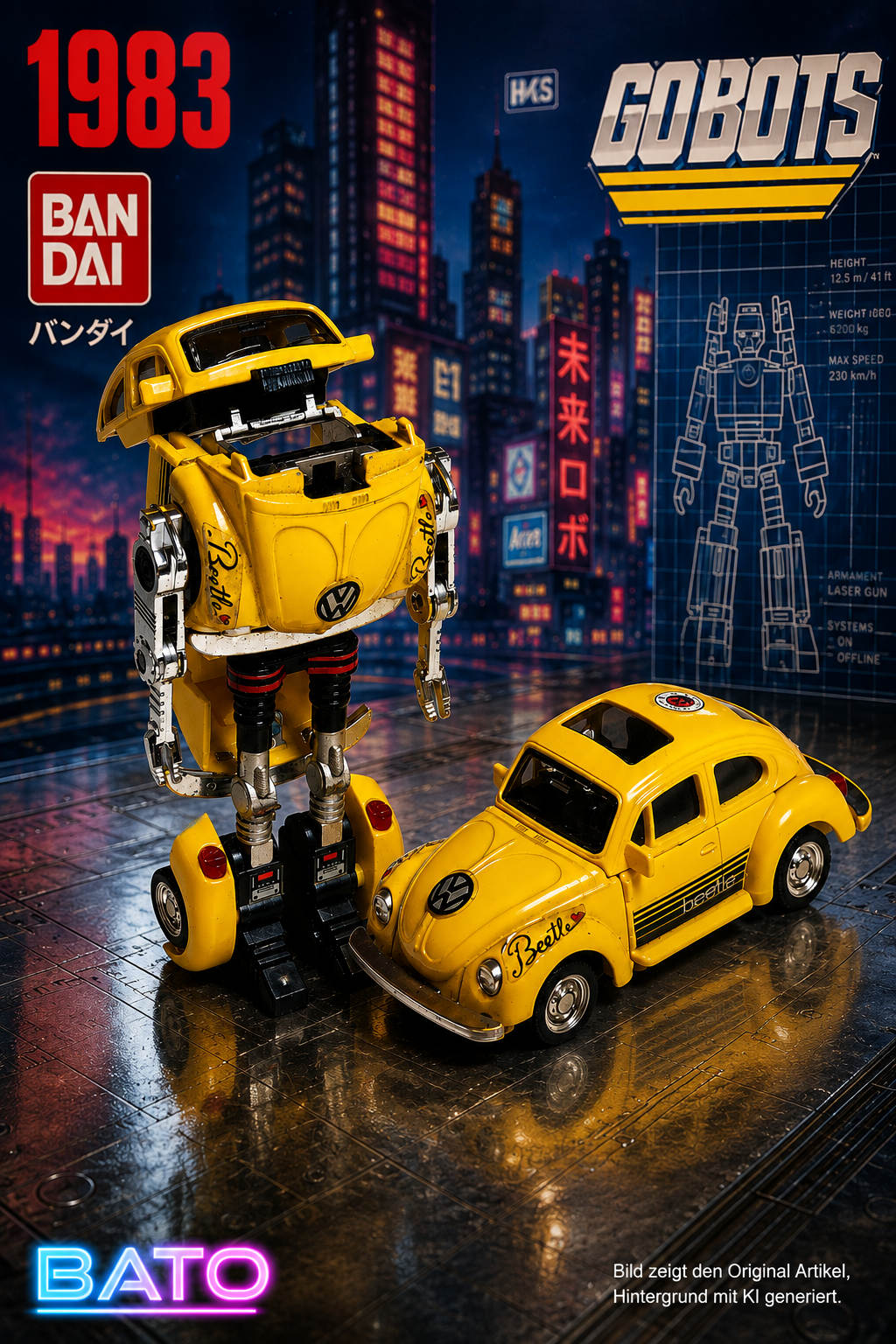 Bandai Gobot VW Käfer Verwandlungsroboter 1983 – gelbes Vintage-Modell in beiden Zuständen: als VW Beetle und als verwandelter Roboter