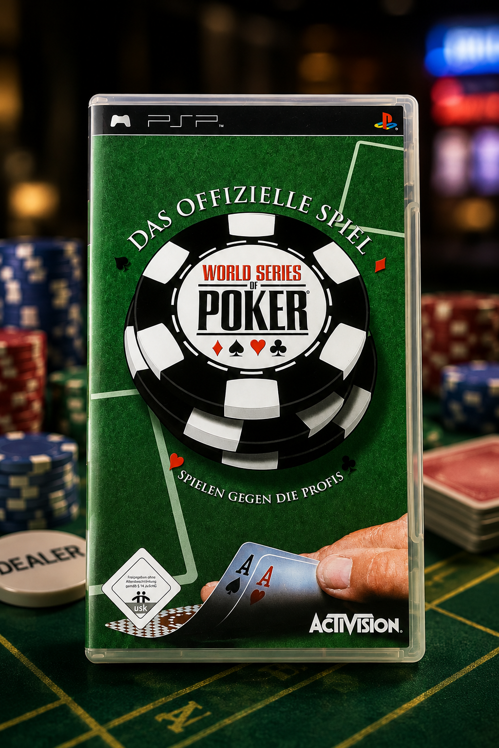World Series of Poker – Das offizielle Spiel für PSP (Sony PlayStation Portable), Activision – ÖVP auf grünem Pokertisch mit Chips und Karten