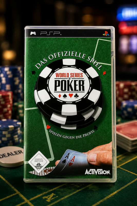 World Series of Poker – Das offizielle Spiel für PSP (Sony PlayStation Portable), Activision – ÖVP auf grünem Pokertisch mit Chips und Karten