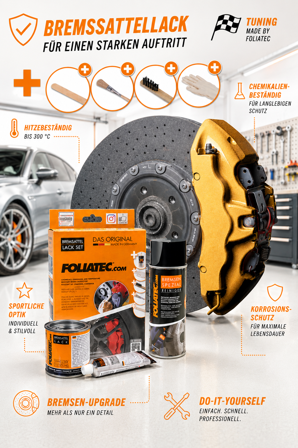 Foliatec Bremssattellack Set Prestige Gold Metallic 2165 – 7-teiliges 2K-Lacksystem für Bremssättel