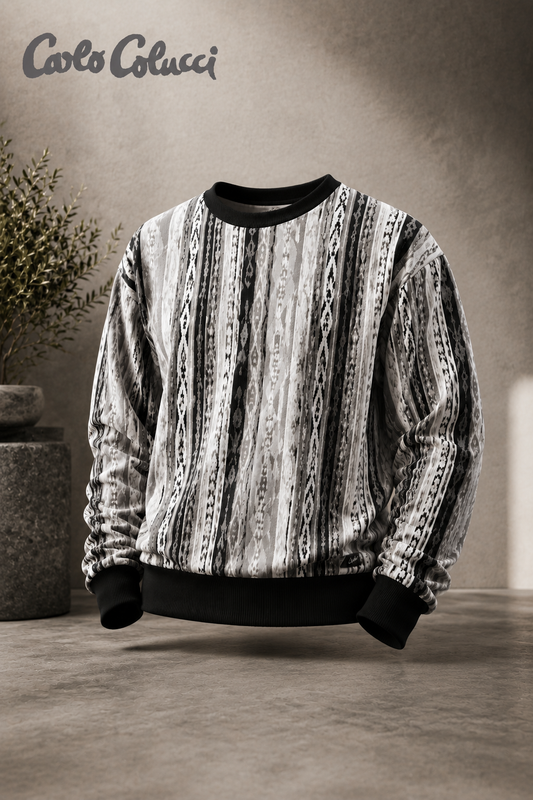 Carlo Colucci Herren Sweatshirt mit Schwarz-Weiß Streifenmuster und Rundhalsausschnitt
