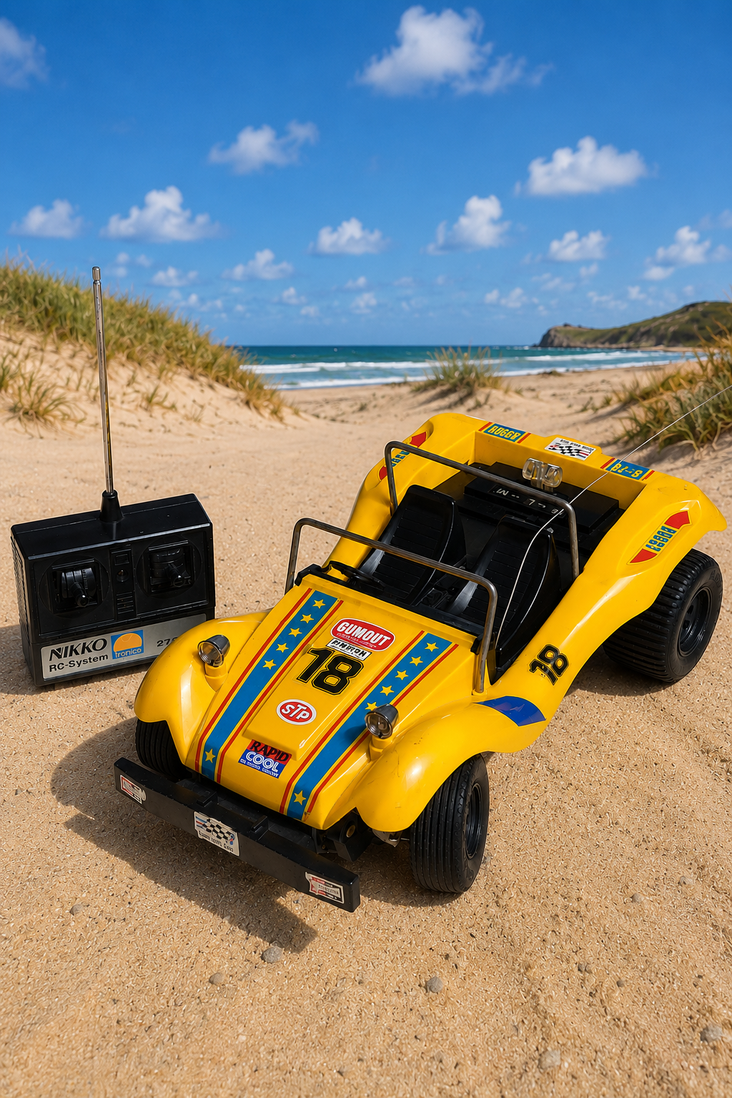 Nikko RC Dune Buggy Nr. 18 gelb – vintage ferngesteuertes Strandauto mit Fernbedienung, Außenaufnahme am Strand