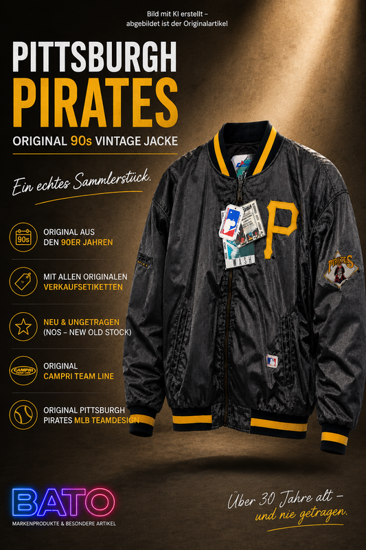 Pittsburgh Pirates Original 90s Vintage Baseball Jacke von Campri – schwarz mit goldenen Streifen, neu und ungetragen (NOS), mit originalen Verkaufsetiketten
