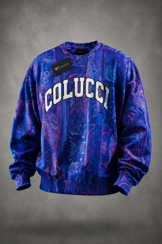 Carlo Colucci Herren Sweatshirt mit Allover-Print in Blau, Pink und Violett – erhabener COLUCCI Schriftzug auf der Brust, Größe M, Neu mit Etikett