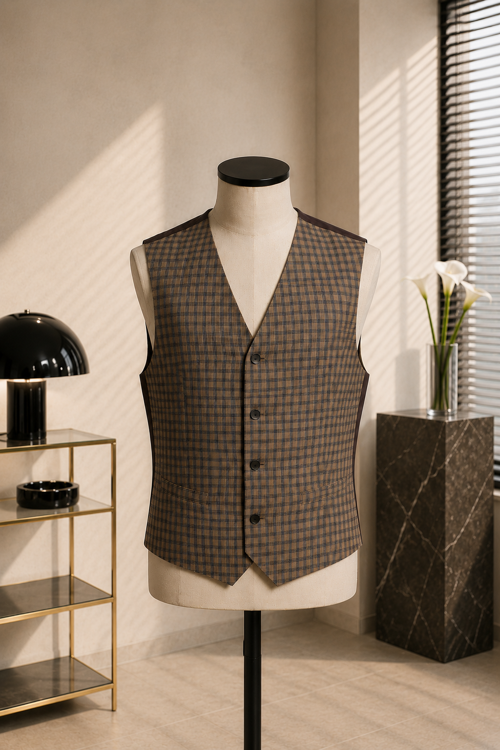 Vintage Lerros Herrenweste 90er Jahre – Beige/Braun Karomuster – 50% Leinen 50% Viskose – Größe L – Vorderansicht