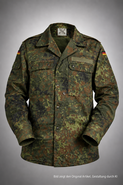 Bundeswehr Feldbluse Flecktarn Gr. 7 – Original BW – neu / ungetragen, Frontansicht mit Deutschlandflaggen-Abzeichen
