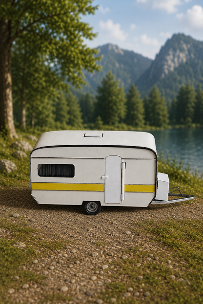 CKO Kellermann Wohnwagen 443 – Vintage Modell-Caravan aus Metall, Made in Western Germany, weiß mit gelbem Zierstreifen