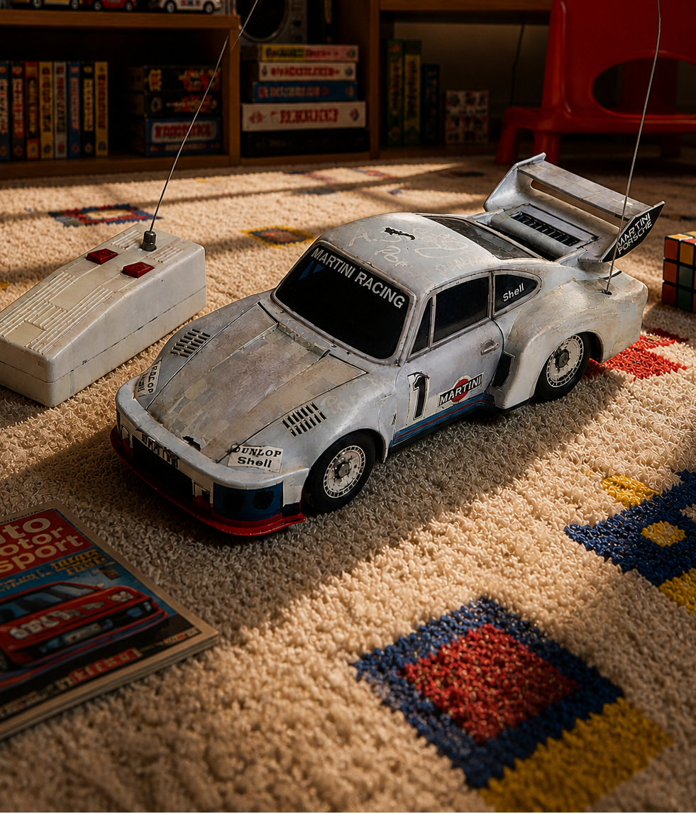 Asahi Porsche 935 Turbo Martini Racing – Vintage RC-Auto mit 2-Kanal Funkfernsteuerung, ca. 28 cm, gebraucht
