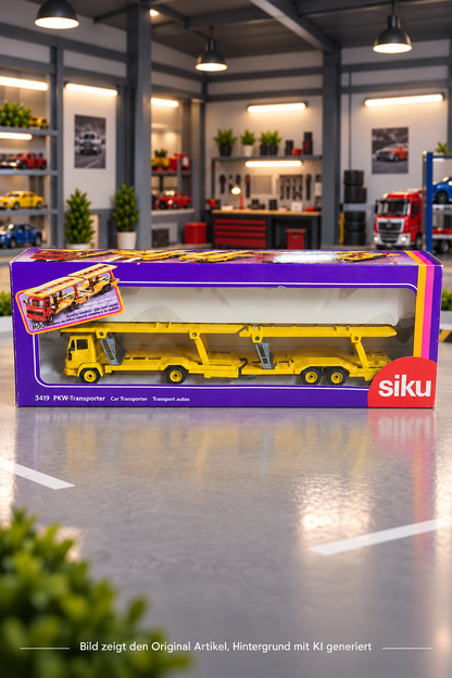 Siku 3419 PKW-Transporter Mercedes 809 Maßstab 1:55 – gelber Autotransporter mit Anhänger in Originalverpackung