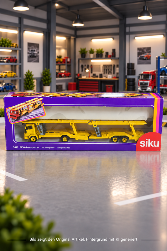 Siku 3419 PKW-Transporter Mercedes 809 Maßstab 1:55 – gelber Autotransporter mit Anhänger in Originalverpackung