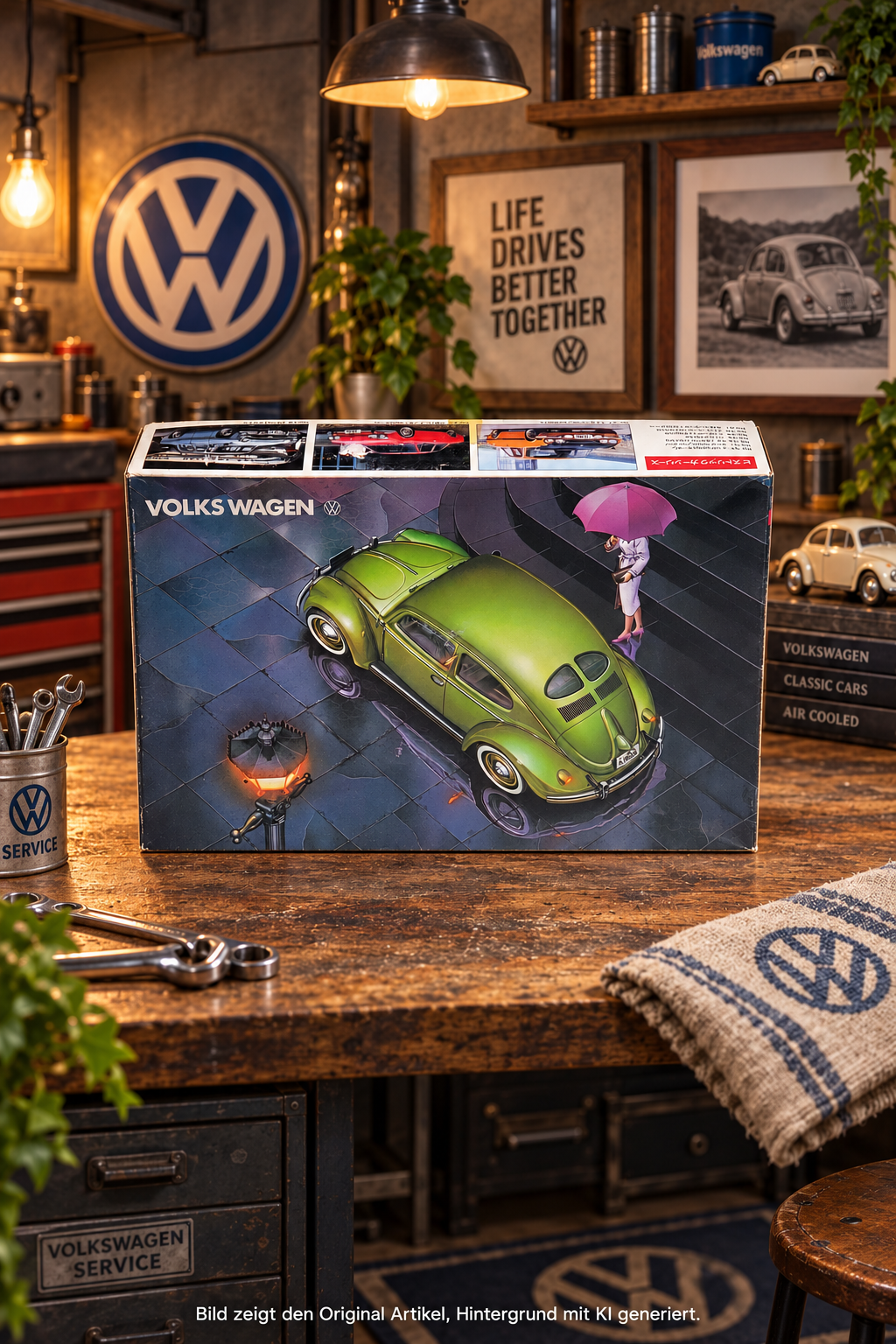 LS Modellbausatz Volkswagen Käfer Split Window 1950 Maßstab 1:32 – Originalverpackung mit VW-Käfer-Illustration, komplett und ungebaut, Made in Japan

