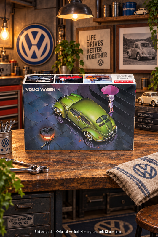 LS Modellbausatz Volkswagen Käfer Split Window 1950 Maßstab 1:32 – Originalverpackung mit VW-Käfer-Illustration, komplett und ungebaut, Made in Japan


