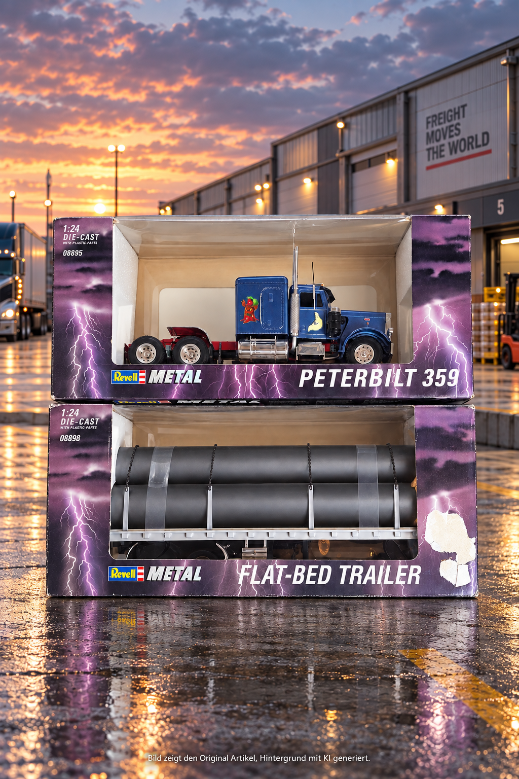 Revell Metal Peterbilt 359 (08895) und Flat-Bed Trailer (08898) im Maßstab 1:24 – blaue Die-Cast Zugmaschine mit Rohr-Auflieger, beide unbespielt in Originalverpackung