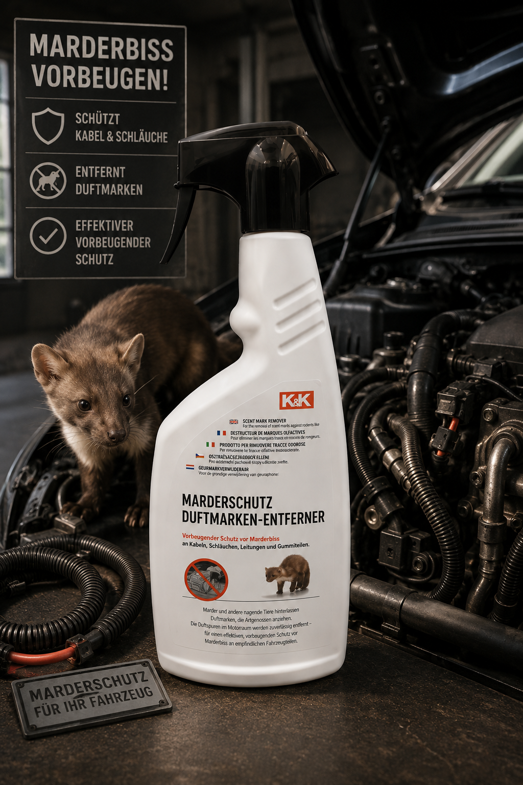 K&K Marder Duftmarken-Entferner 500ml – Spray-Flasche zur Beseitigung von Marder-Reviermarkierungen