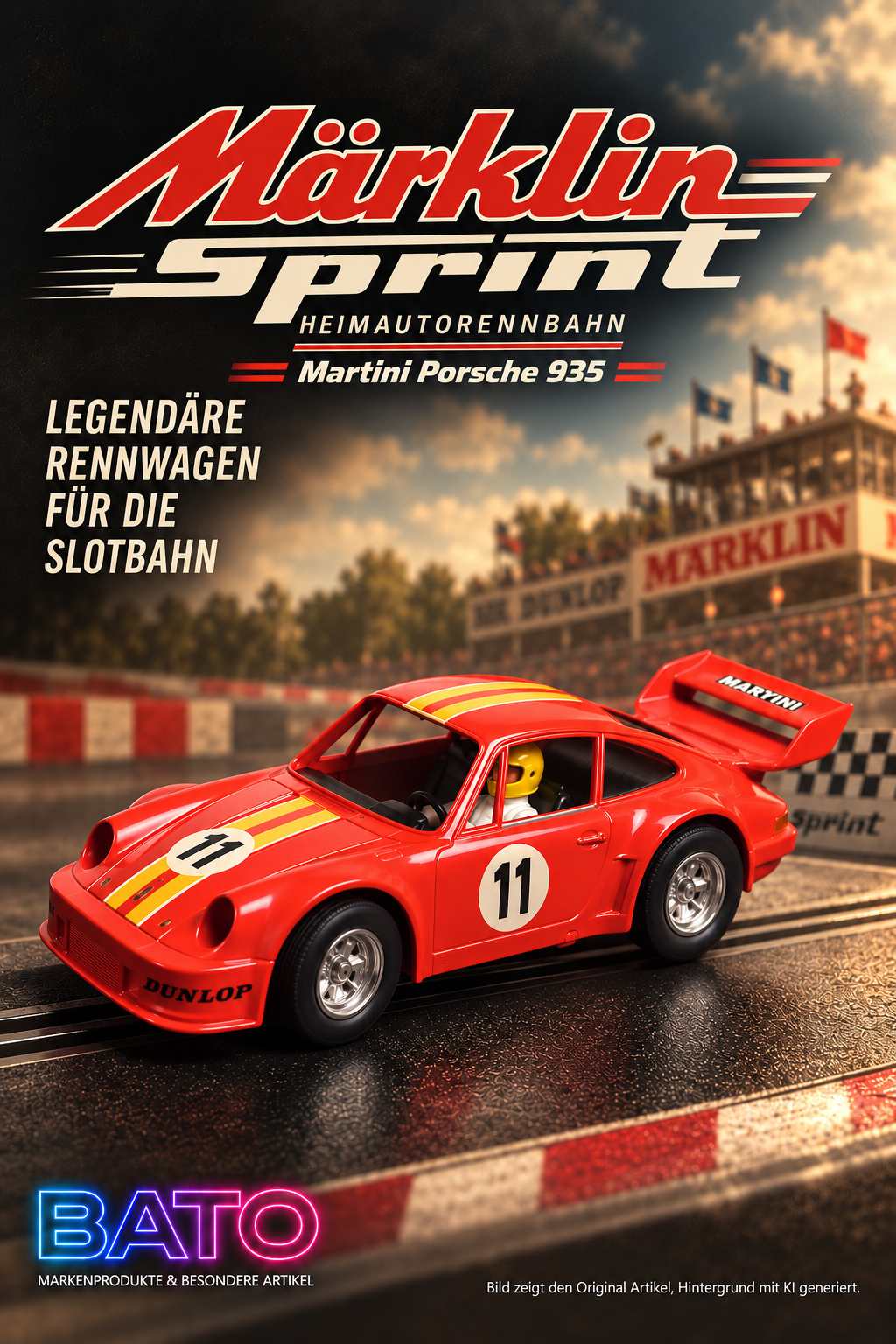 Märklin Sprint Slotcar Porsche 935 Martini Startnummer 11 – roter Rennwagen 1:32 mit gelben Zierstreifen, Dunlop-Schriftzug und Fahrerfigur, Made in Western Germany