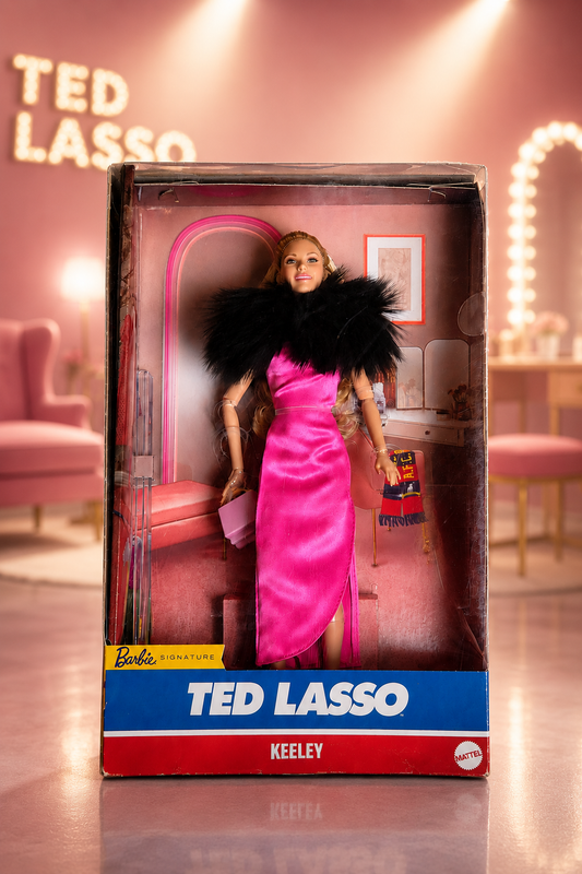 Mattel Barbie Signature Ted Lasso Keeley Jones Sammlerpuppe in Originalverpackung, pinkes Kleid mit schwarzem Kunstfell-Kragen