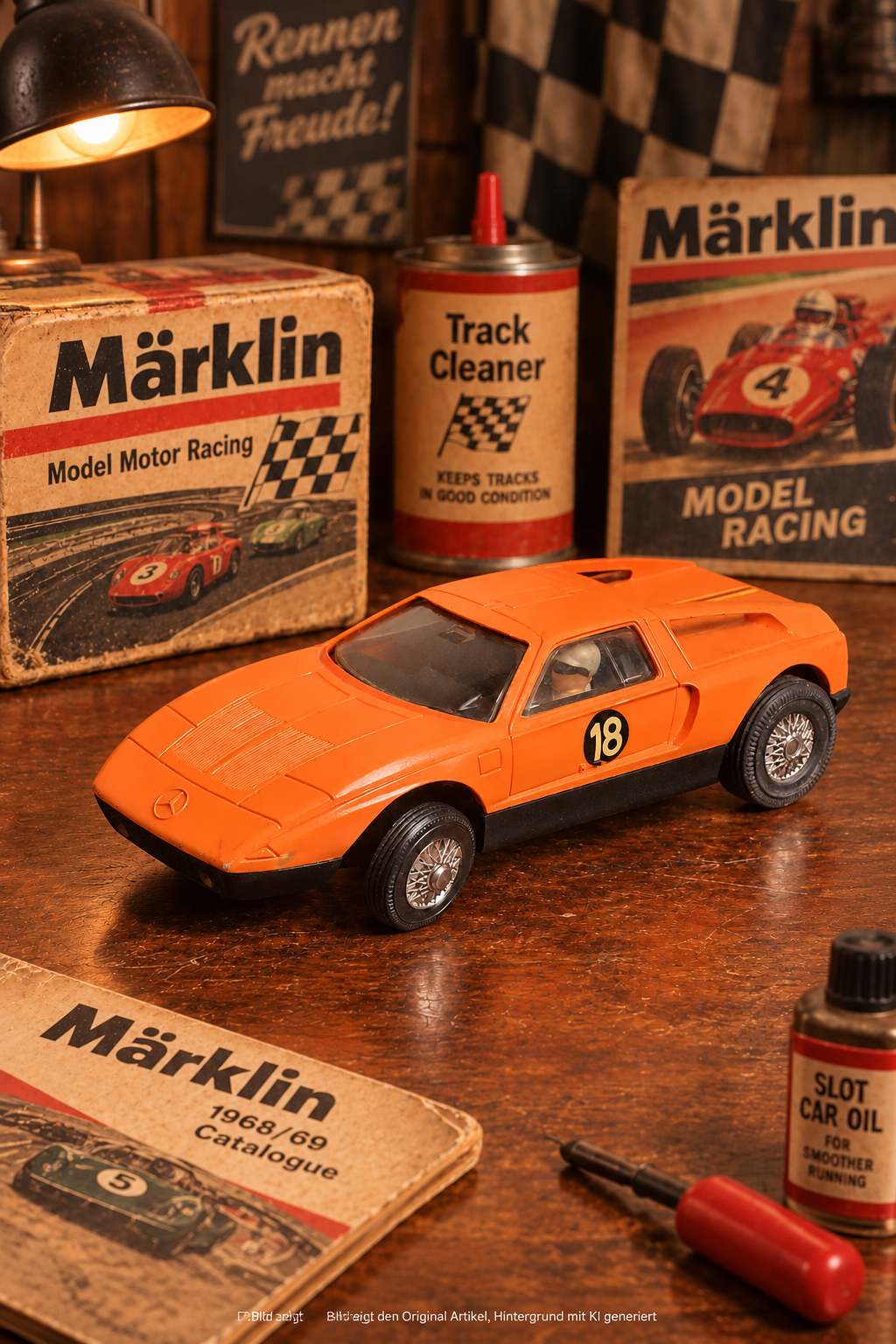 Märklin Sprint 1312 Mercedes C111 Nr. 18 Slotcar in Orange, Maßstab 1:32, Made in Germany – vintage Modellauto auf Holztisch mit original Märklin-Verpackung und Zubehör aus den 1960er Jahren