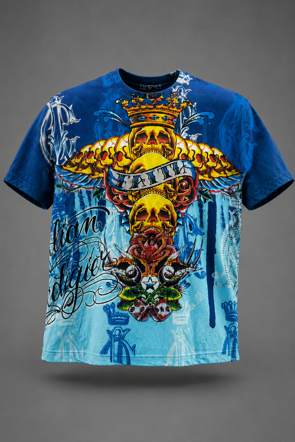 Christian Audigier Vintage T-Shirt Los Angeles – Y2K Skull Rhinestone Allover Print, Größe L, Blau/Multicolor