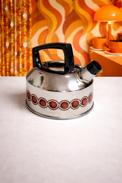 Vintage Flötenkessel Ø 20 cm aus Edelstahl mit rot-orangem Dekorband – Original 70er Jahre