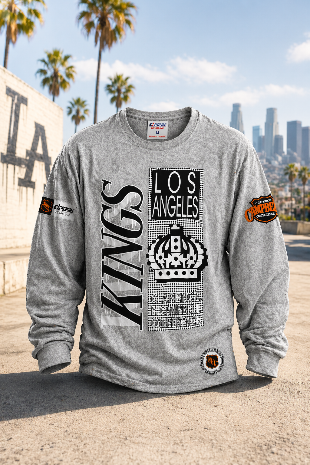 „Vintage 90er NHL Los Angeles Kings Longsleeve Shirt von Campri in Grau mit großflächigem Frontprint, Größe M (US) / L (EU), 100 % Baumwolle, Made in Portugal"