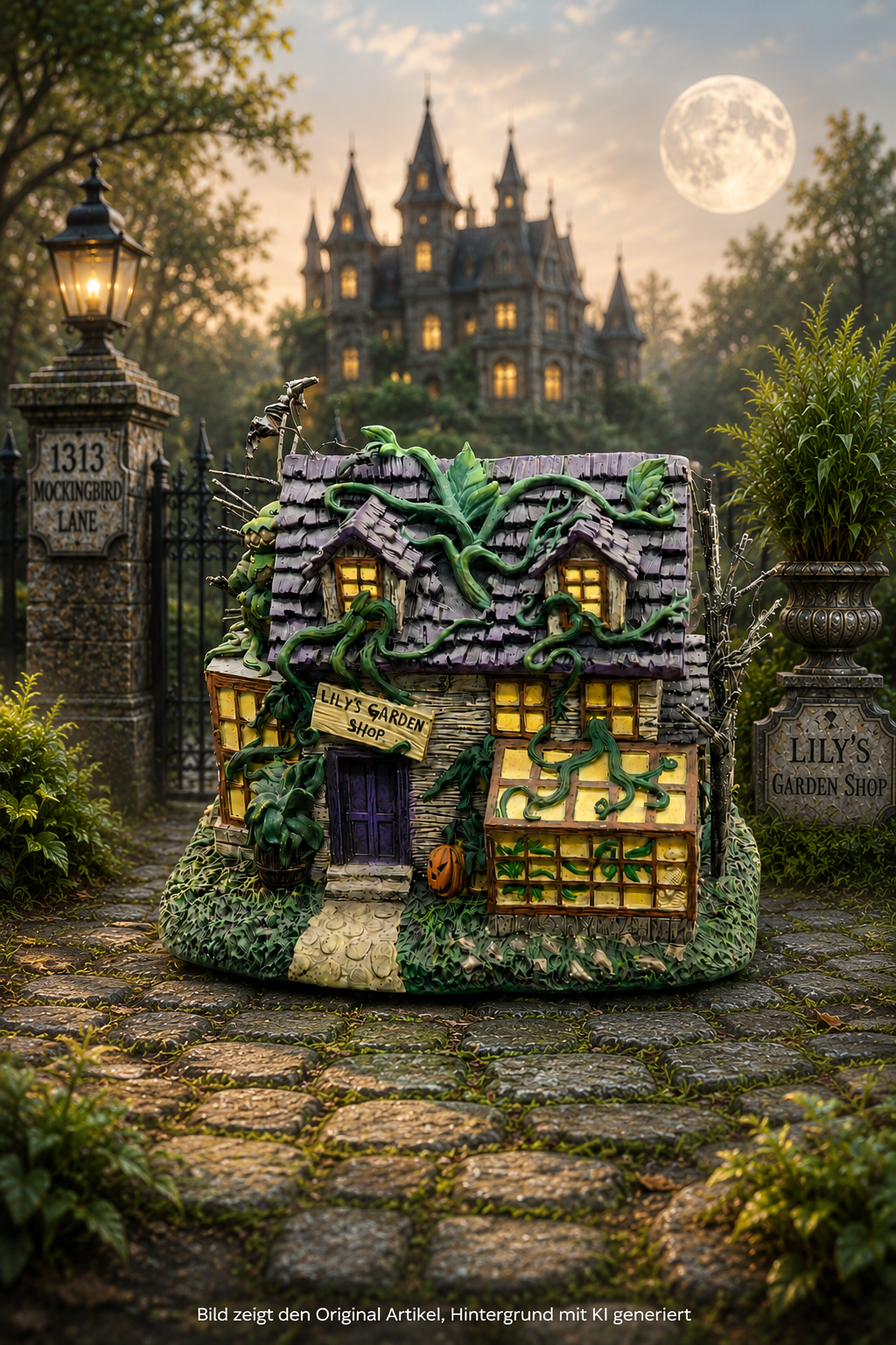 Hawthorne Village The Munsters – Lily's Garden Shop Gebäude-Modell mit Beleuchtung, rankenden Pflanzen und Kürbis-Dekoration vor dem Munsters-Anwesen bei Vollmond