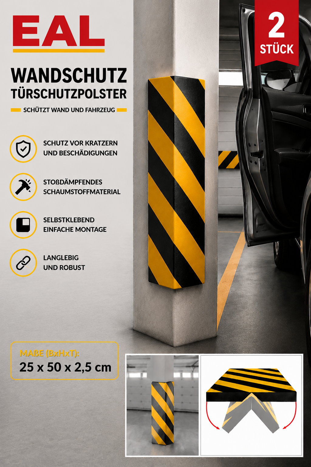 EAL Garage Wandschutz 2er Set Eckig Türschutzpolster Prallschutz Säule Auto