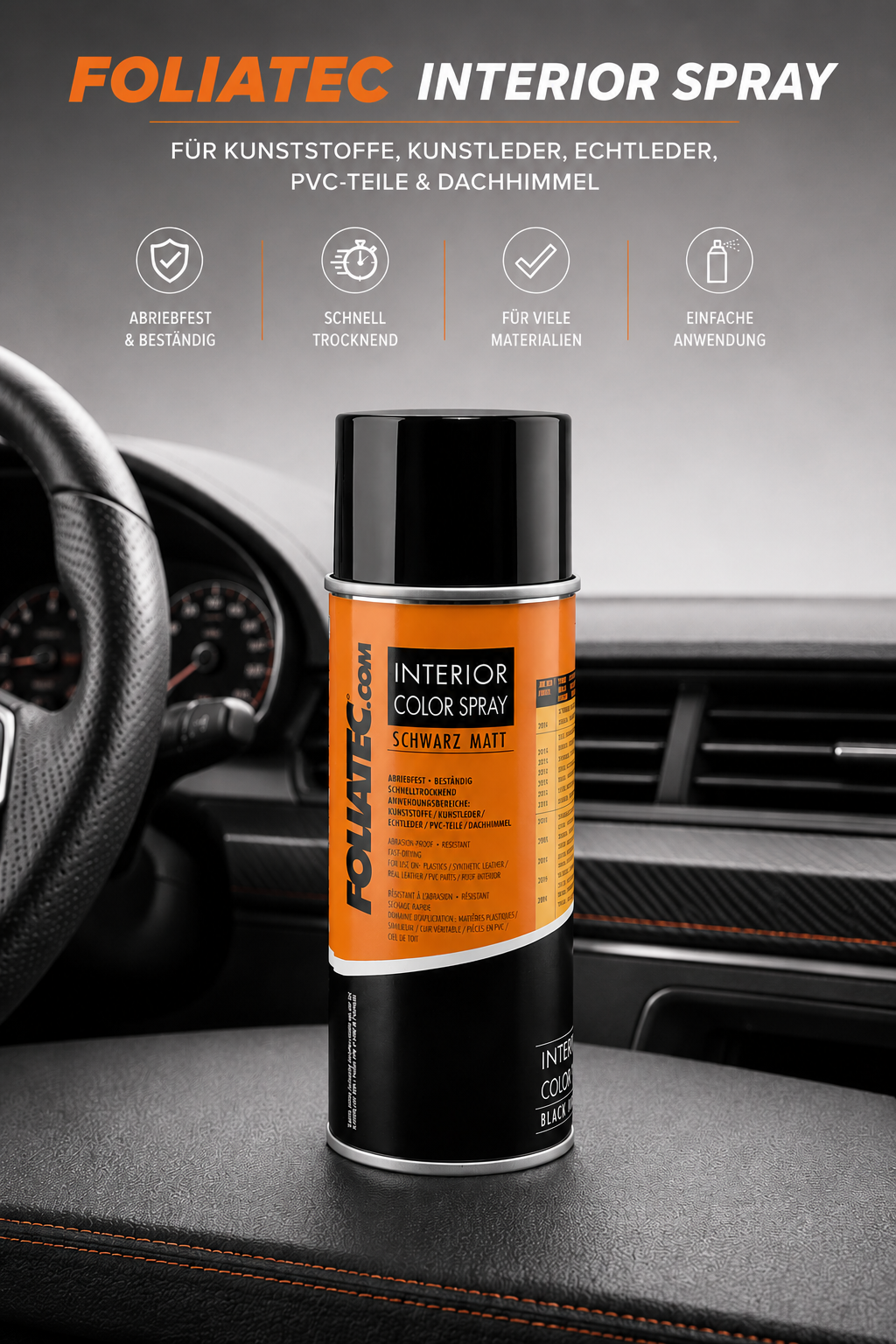 Foliatec Interior Color Spray Schwarz matt 400ml – Lackspray für Leder, Kunstleder, Kunststoff und PVC