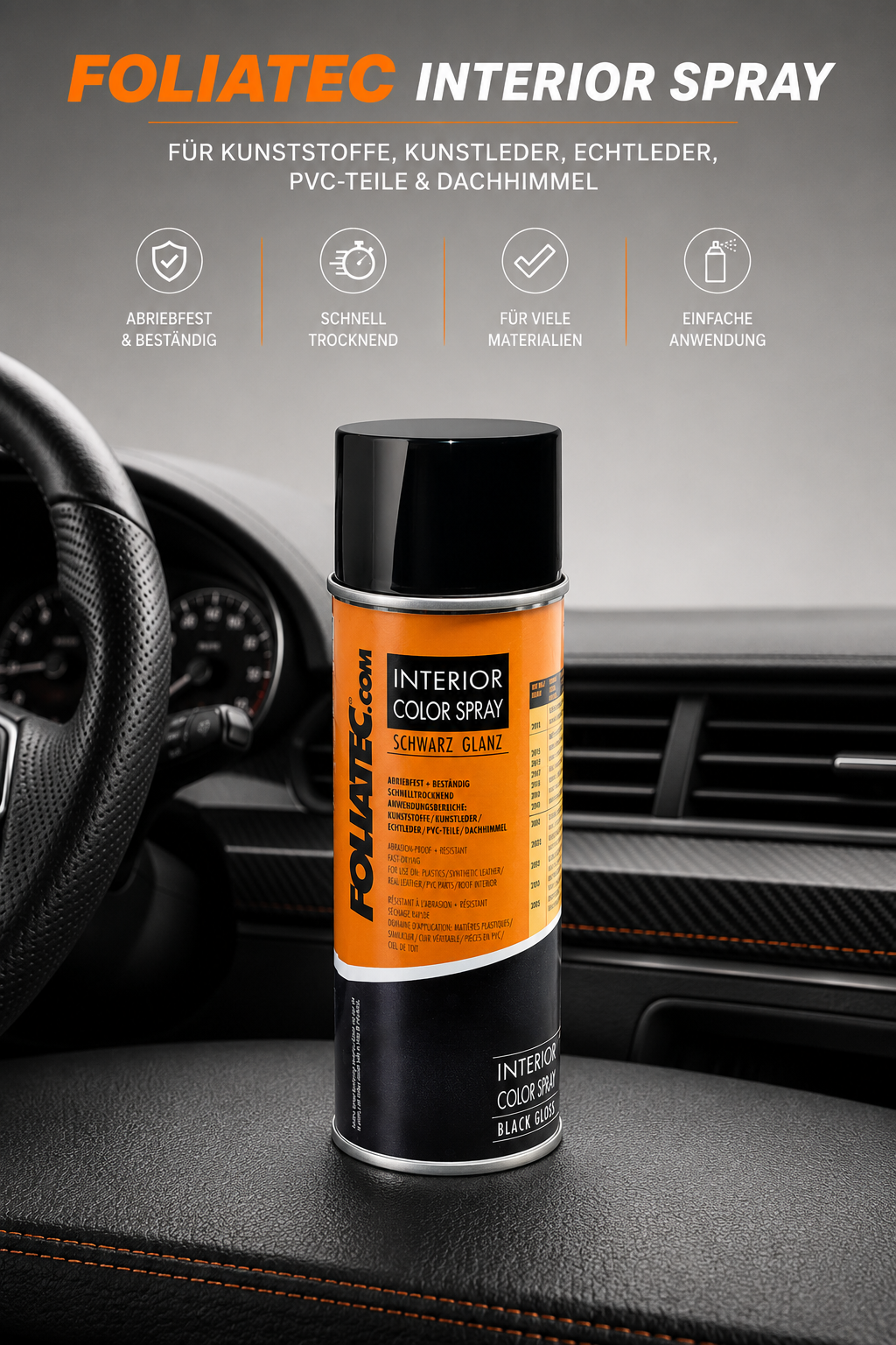 Foliatec Interior Color Spray Schwarz glanz 400ml Leder Kunststoff PVC 2003