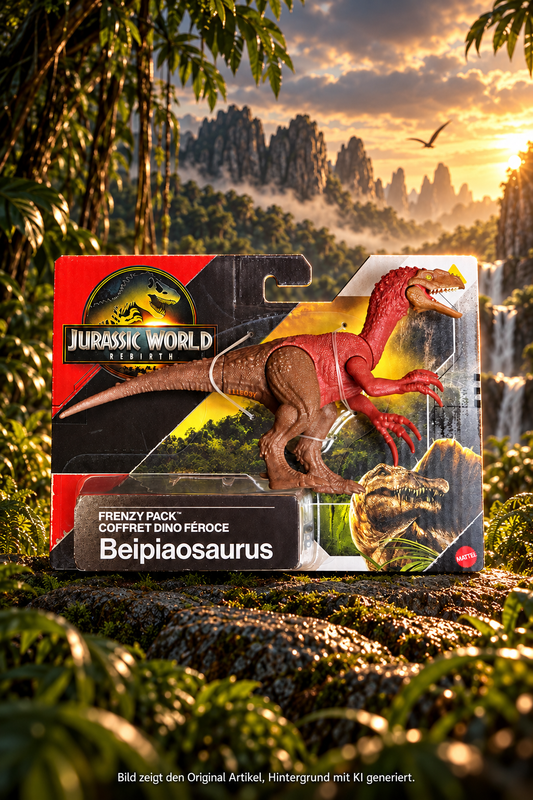 Mattel Jurassic World Rebirth Beipiaosaurus mit rotbraunem Körper in Originalverpackung vor einem Dschungelhintergrund.