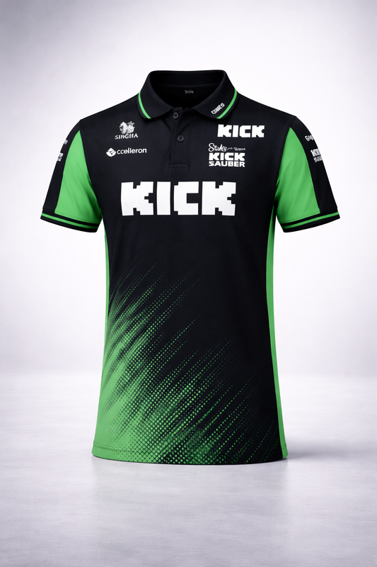 Original KICK SAUBER F1 Polo Shirt 2025 – Herren, Schwarz/Grün, Regular Fit, Kurzarm, offizielles Formel 1 Teamshirt