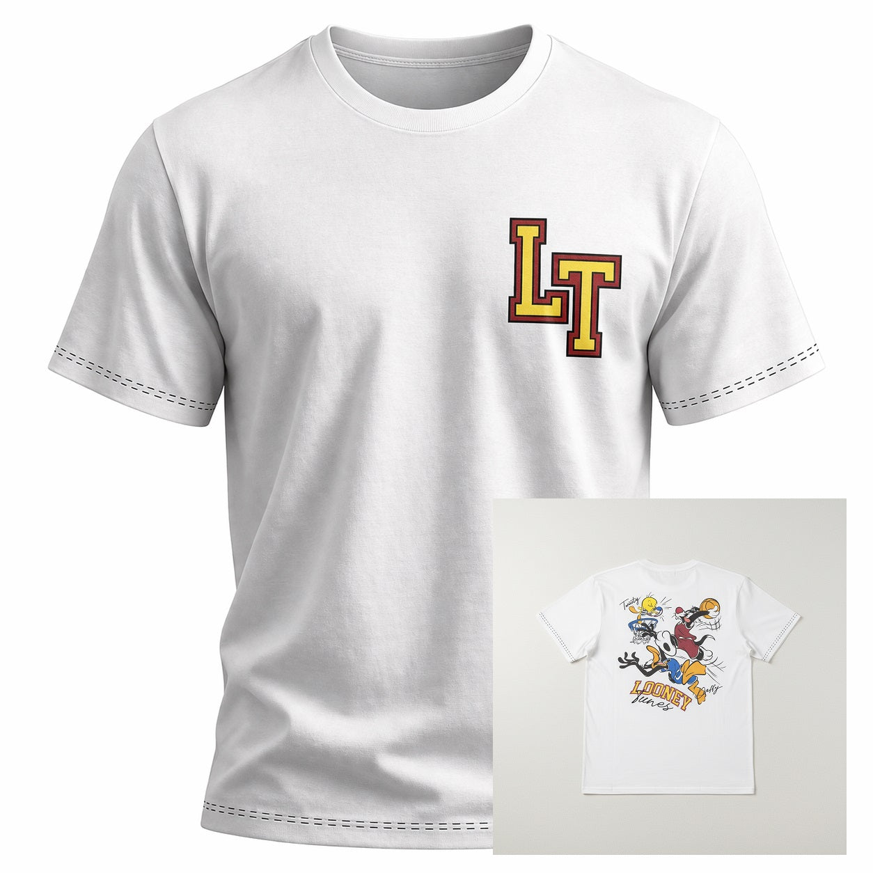 RE:COVERED x Looney Tunes Herren T-Shirt Weiß – LT-Schriftzug auf der Brust, 100% Baumwolle