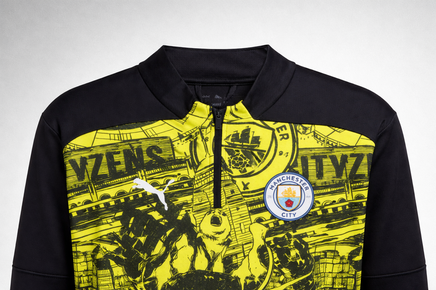 PUMA Manchester City Pre-Match 1/4 Zip Top Herren Premier League Schwarz Gelb Langarm
