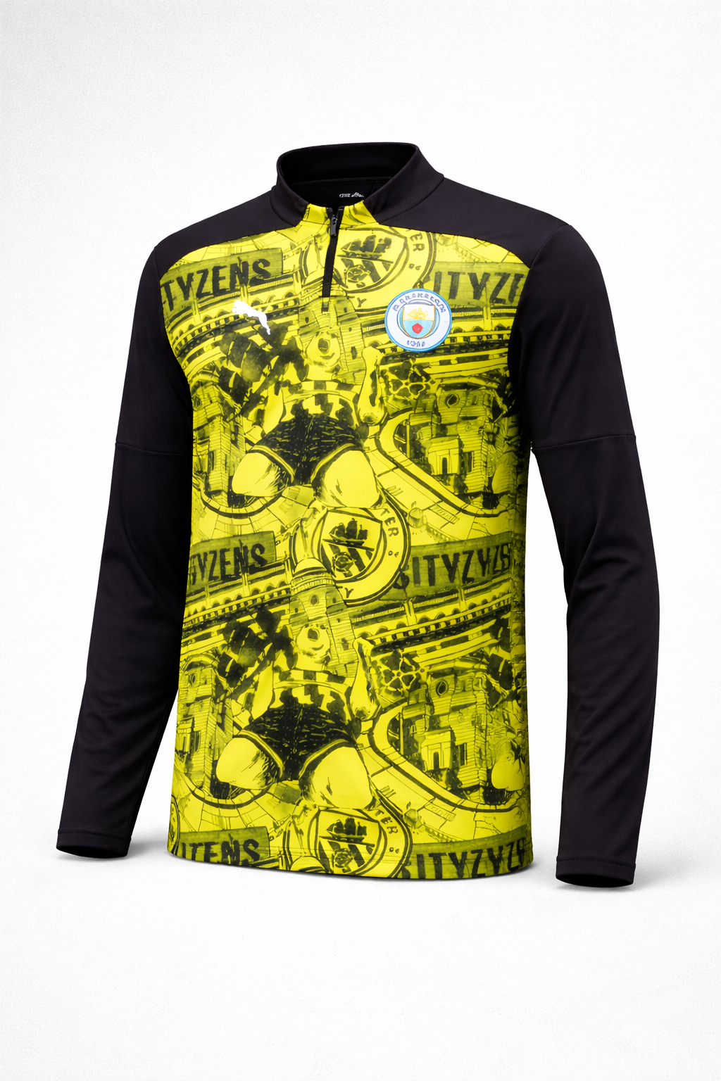 PUMA Manchester City Pre-Match 1/4 Zip Trainingsoberteil – Herren, Schwarz/Gelb, Langarm, Premier League, Neu mit Etikett