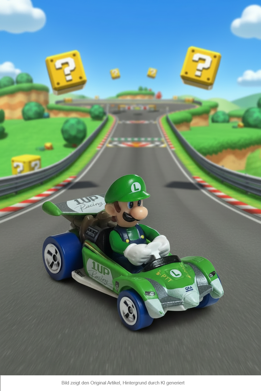 Hot Wheels Mario Kart – Luigi Kart CGV85 Die-Cast Modellauto, grünes Rennkart mit Luigi-Figur und 1UP Racing Spoiler, Nintendo Mattel