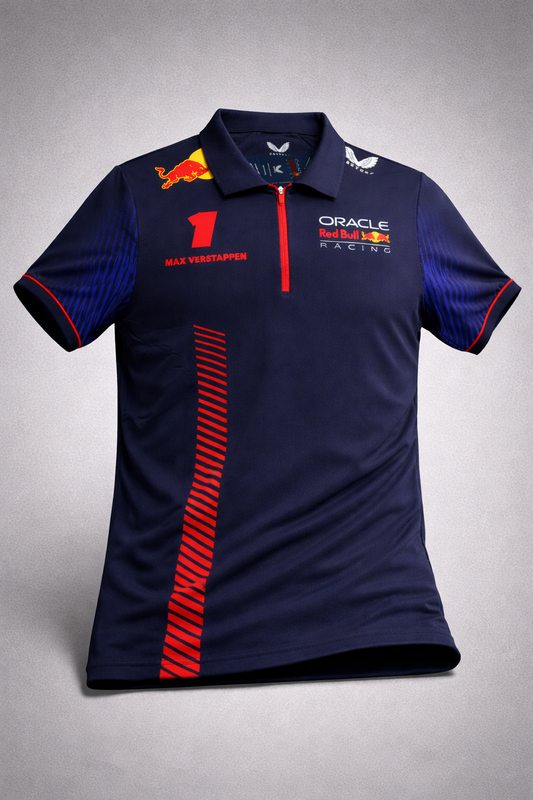 Oracle Red Bull Racing F1 Herren Polo-Shirt in Blau mit Max Verstappen Grafikdruck – Vorderansicht
