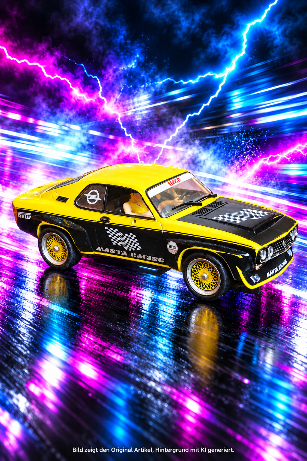 Carrera Digital 132 Opel Manta A Tuner 3 in Gelb-Schwarz mit gelben Felgen, schräg von vorne vor KI-generiertem Neon-Blitzhintergrund.