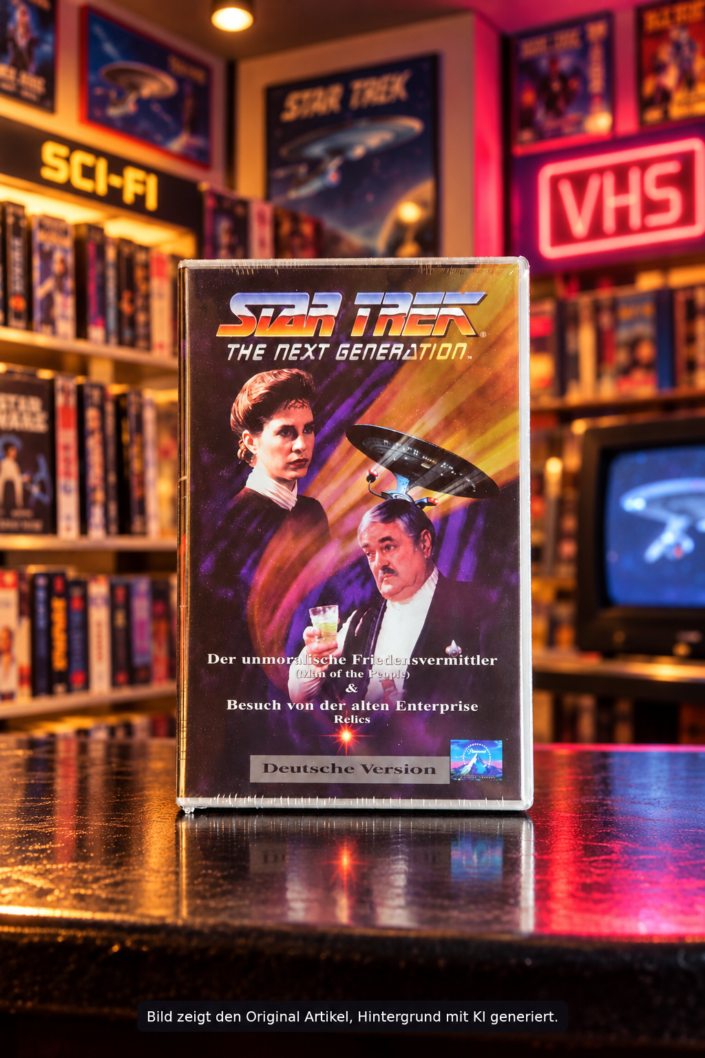 Star Trek: The Next Generation VHS, deutsche Version mit „Der unmoralische Friedensvermittler“ und „Besuch von der alten Enterprise“, Vorderansicht vor Videotheken-Hintergrund.