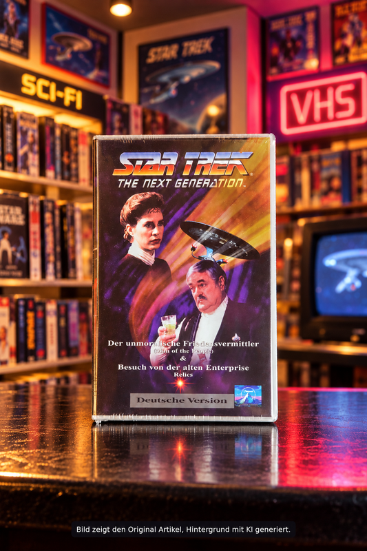 Star Trek: The Next Generation VHS, deutsche Version mit „Der unmoralische Friedensvermittler“ und „Besuch von der alten Enterprise“, Vorderansicht vor Videotheken-Hintergrund.