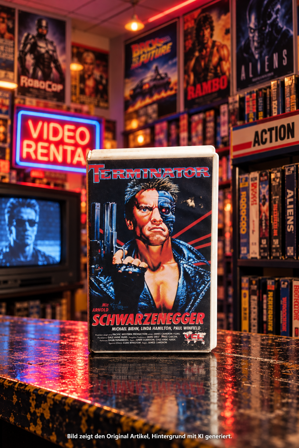 Terminator VHS von VCL Video in weißer Originalhülle mit Arnold Schwarzenegger auf dem Cover vor einem nostalgischen Videotheken-Hintergrund.