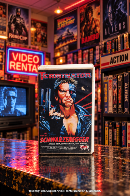 Terminator VHS von VCL Video in weißer Originalhülle mit Arnold Schwarzenegger auf dem Cover vor einem nostalgischen Videotheken-Hintergrund.