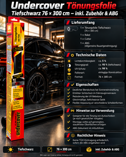 Undercover Scheiben / Fenster Tönungsfolie Tiefschwarz 76 × 300 cm – inkl. Zubehör & ABG