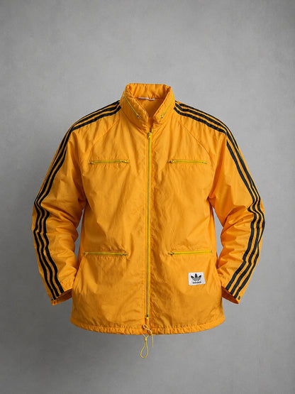 Vintage adidas Windbreaker Jacke 70er 80er Jahre – Gelb Orange mit schwarzen 3-Streifen – Größe L – Oldschool Retro Trainingsjacke