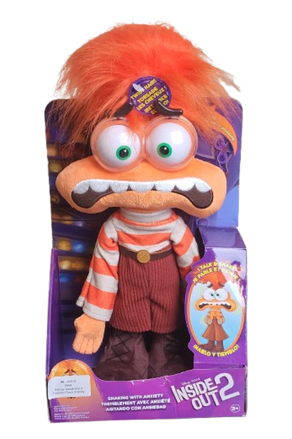 Disney Pixar Zweifel (Anxiety) Plüschfigur aus Alles steht Kopf 2 mit orangefarbenen Haaren und gestreiftem Pullover in Originalverpackung, Vorderansicht.