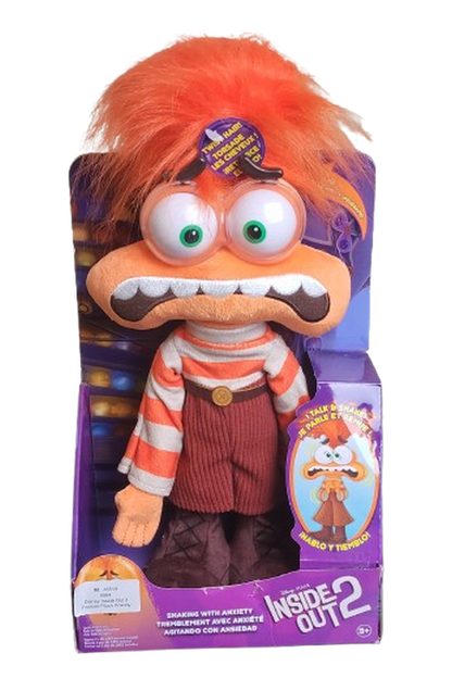 Disney Pixar Zweifel (Anxiety) Plüschfigur aus Alles steht Kopf 2 mit orangefarbenen Haaren und gestreiftem Pullover in Originalverpackung, Vorderansicht.